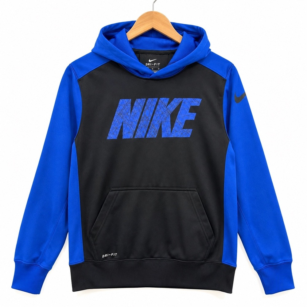Nike Dri-FIT Boys Hoodie Black Blue Colorblock Graphic Logo Sweatshirt Size M
